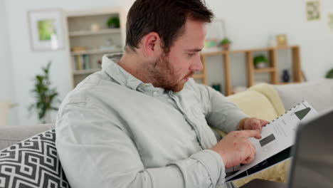 entrepreneur, laptop and paper in living room