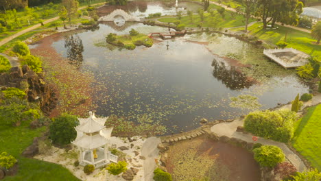 aerial perspective smoothly pushing forward, capturing the beauty of autumn leaves on the lake