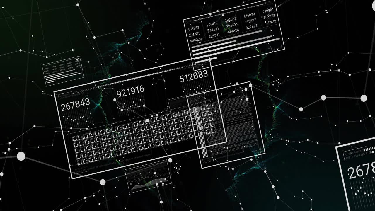 animación de gráficos, cambio de números, carga de cuadrados y puntos conectados sobre fondo negro