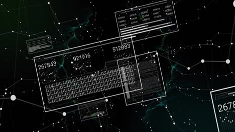 Animation of graphs, changing numbers, loading squares and connected dots over black background