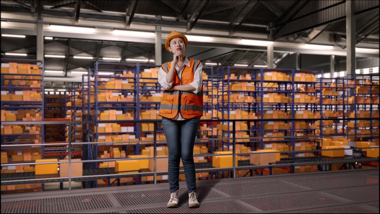 cuerpo lleno de ingeniera asiática con casco de seguridad de pie en el almacén con estantes llenos de bienes de entrega. pensando en algo y mirando a su alrededor en el almacenamiento