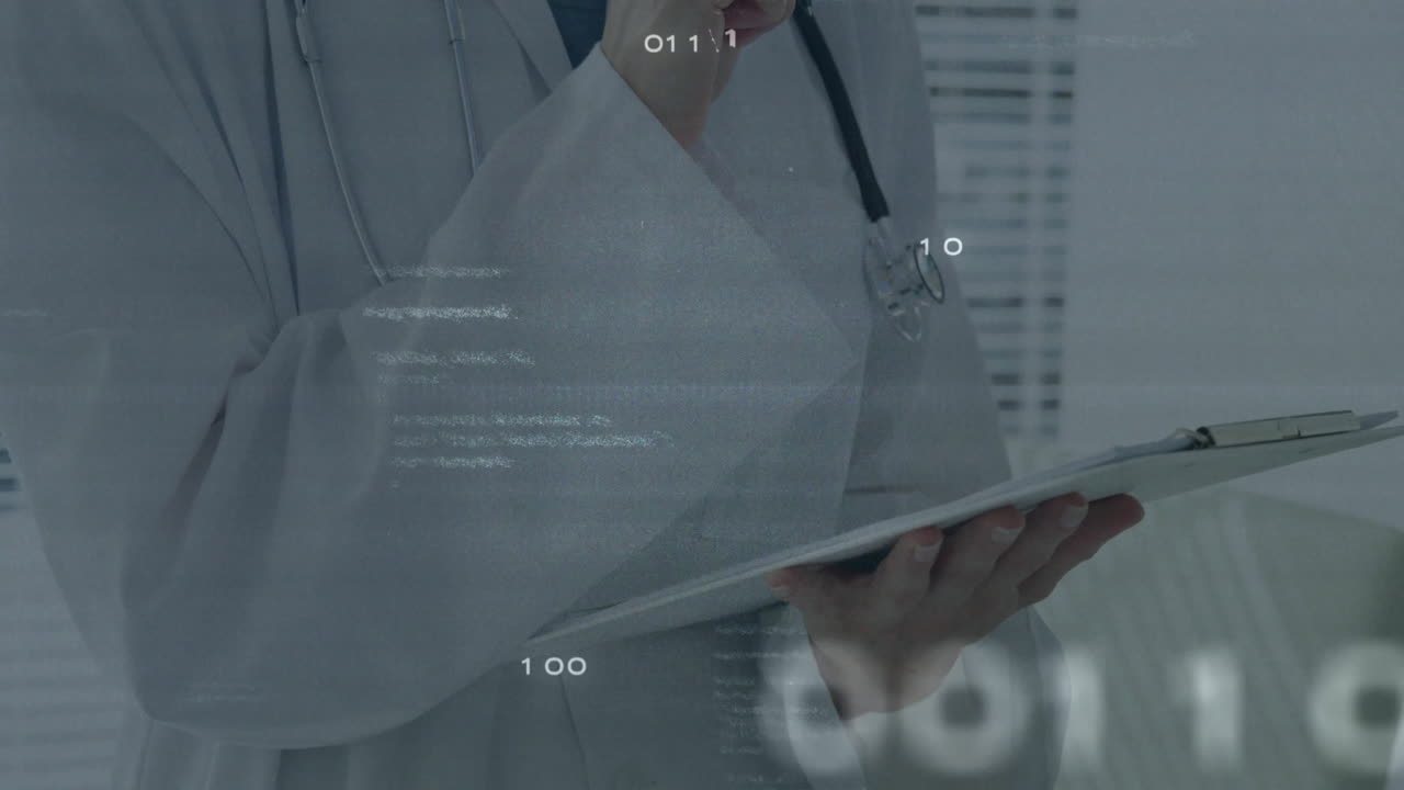 Female medical professional holding clipboard with stethoscope while digital codes floating behind