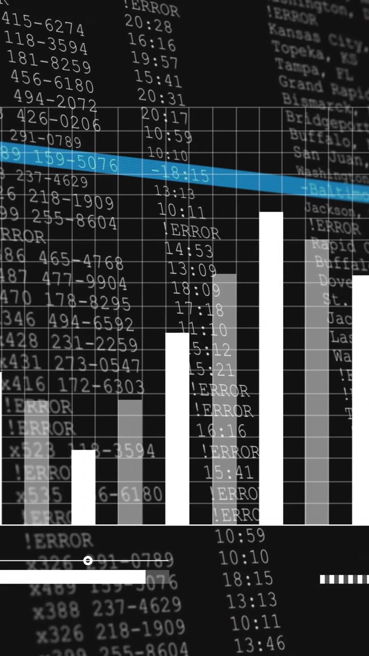 Vertical video: Bars pulsing on tech UI as slider moving to monitor, blue line sweeping terminal