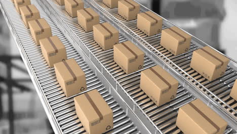 animation of cardboard boxes moving on conveyor belts over warehouse