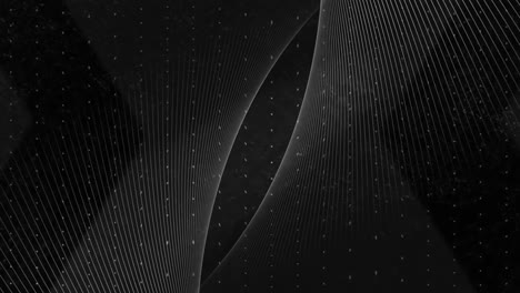 animation of parallel curved white lines moving and intersecting over white dots on black background