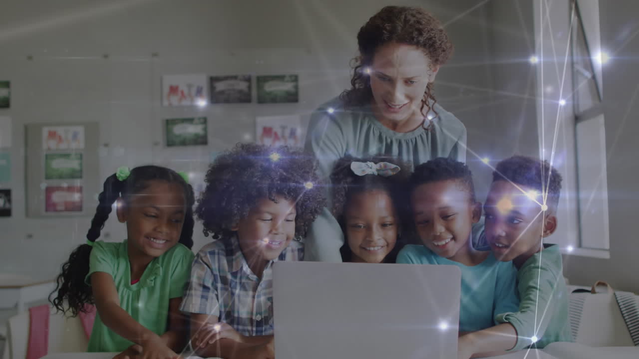 Animation of network of connections over diverse female teacher and students using laptop at school