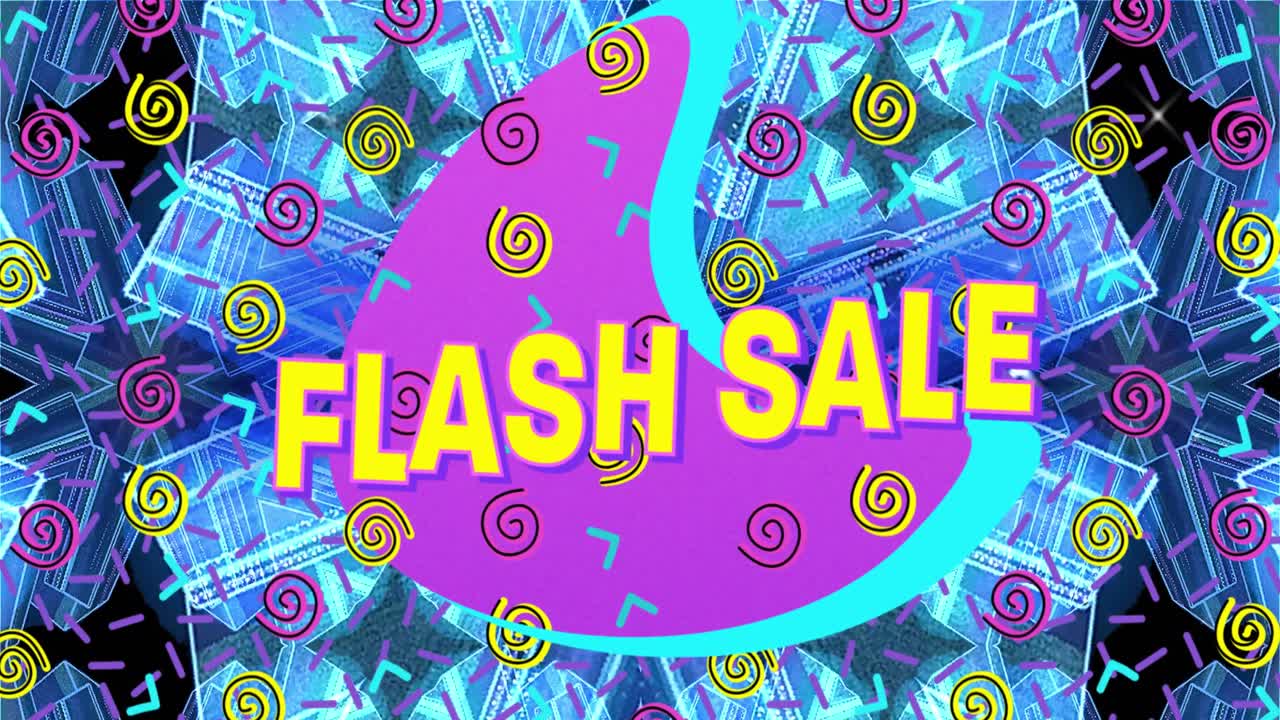 파란색 배경에 추상적인 다채로운 모양에 대한 보라색 배너에 플래시 판매 텍스트