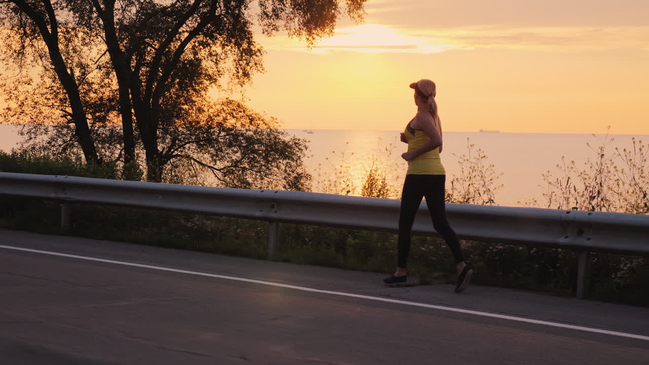 여자는 호수 스테디캠을 따라 길을 따라 저녁 조깅을 한다.