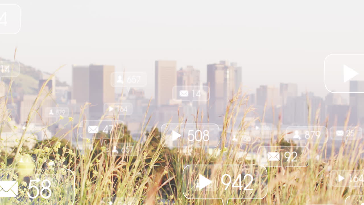 소셜 미디어 아이콘의 애니메이션과 도시 풍경에 대한 데이터 처리