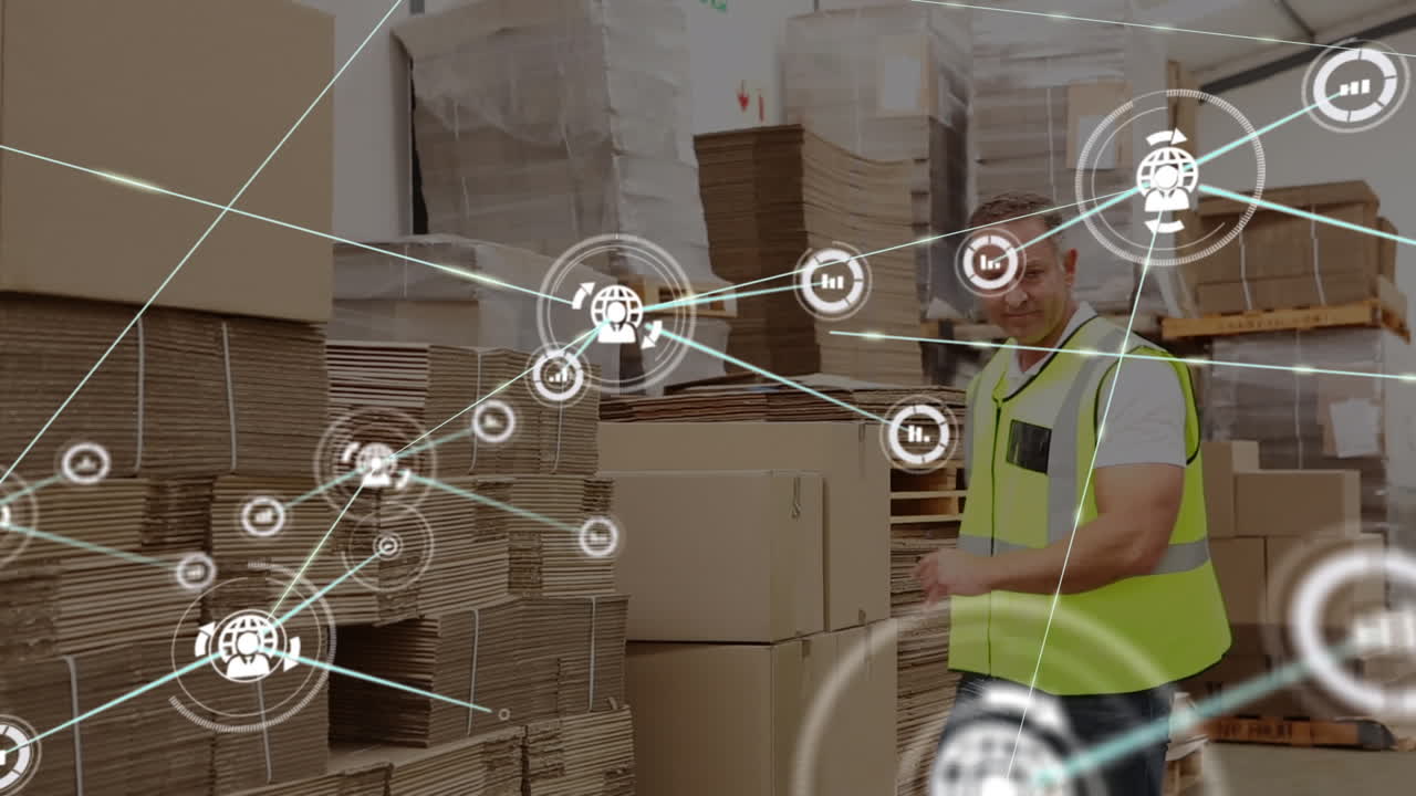 창고에 있는 백인 남성 노동자에 대한 연결 네트워크의 애니메이션