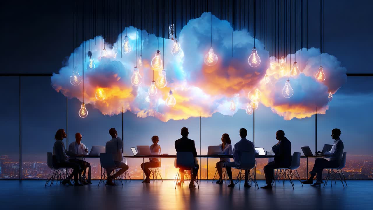 A Creative Business Meeting in a High-Tech Conference Room with Illuminated Clouds and Innovative Lighting, Set Against a Stunning Cityscape at Dusk, Inspiring Collaboration and Ideas