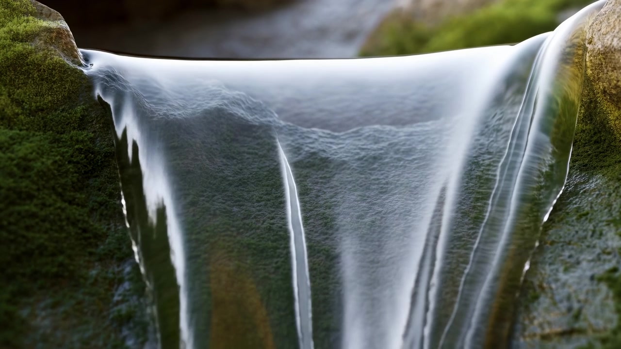 Ein ruhiger Wasserfall stürzt durch moosbewachsene Felsen in einer üppigen, natürlichen Außenumgebung. Die Nahaufnahme hebt die friedliche Schönheit des Wassers und des umgebenden Grüns hervor.