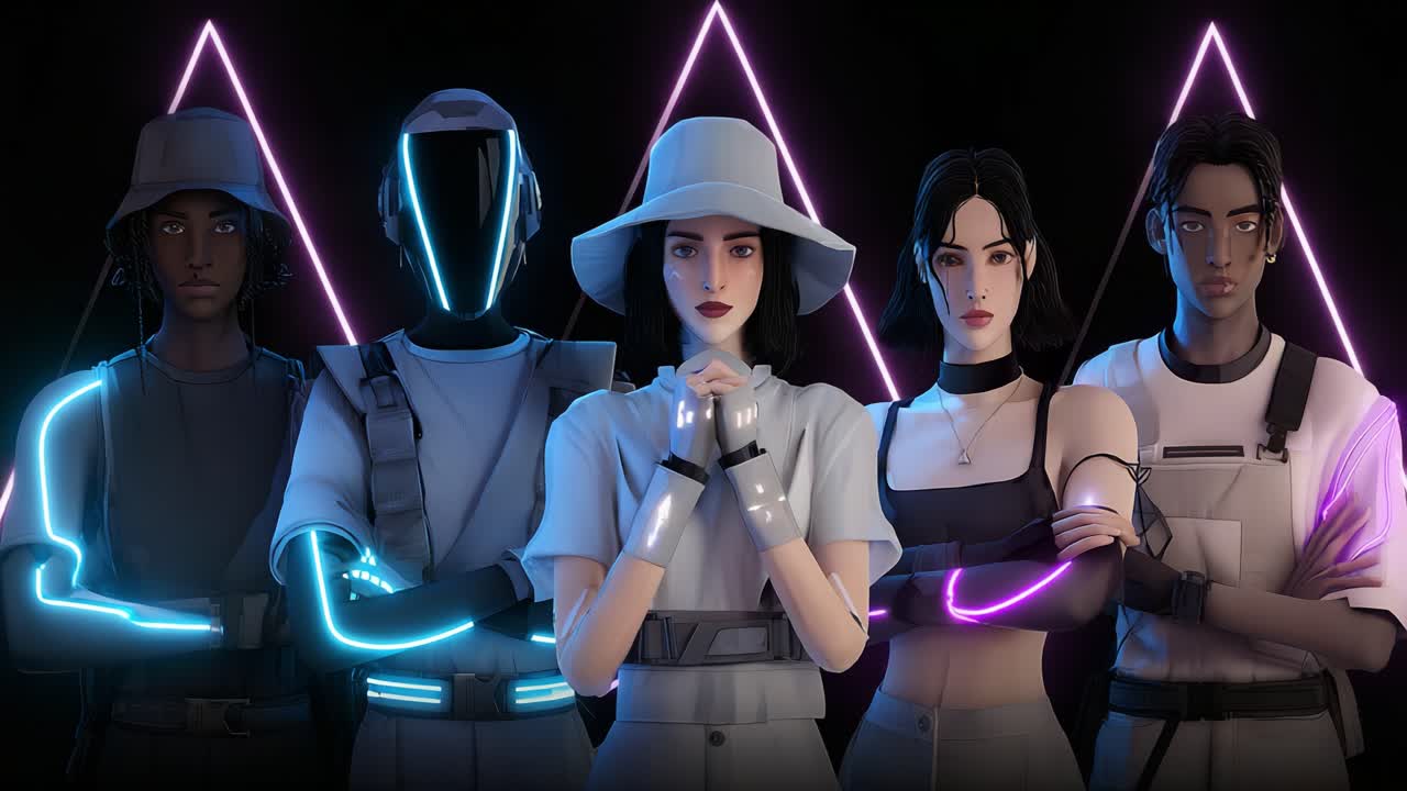 A striking ensemble of futuristic characters showcasing unique styles and expressions, set against a dark backdrop adorned with vibrant neon triangles, highlighting creativity and individuality