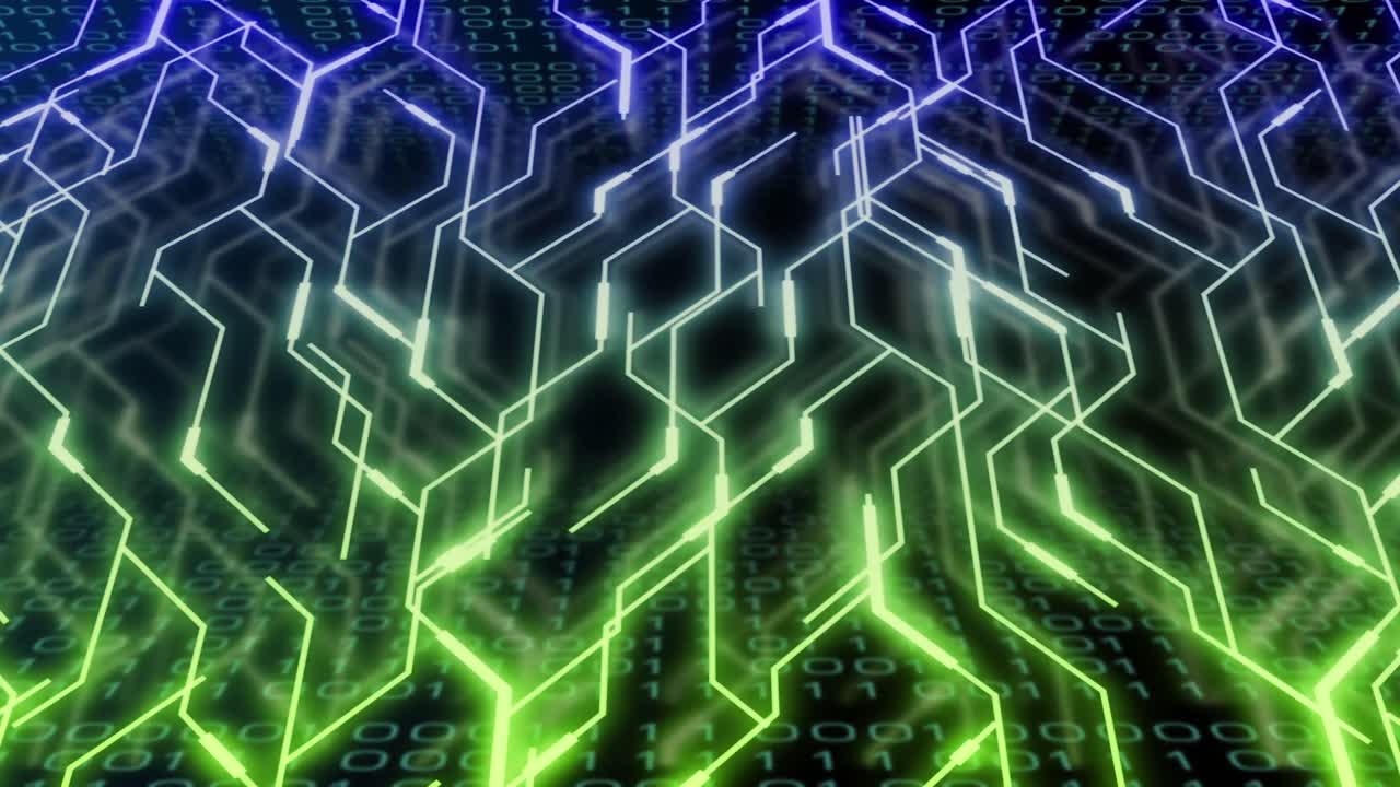 animación de codificación binaria a través de una red de conexiones de neón.