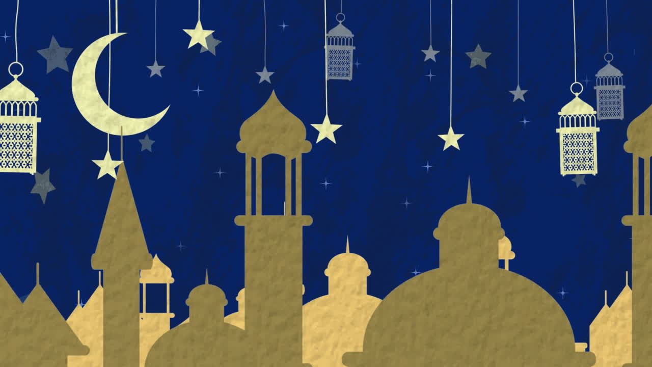 Animation of crescent, stars and mosque buildings in background