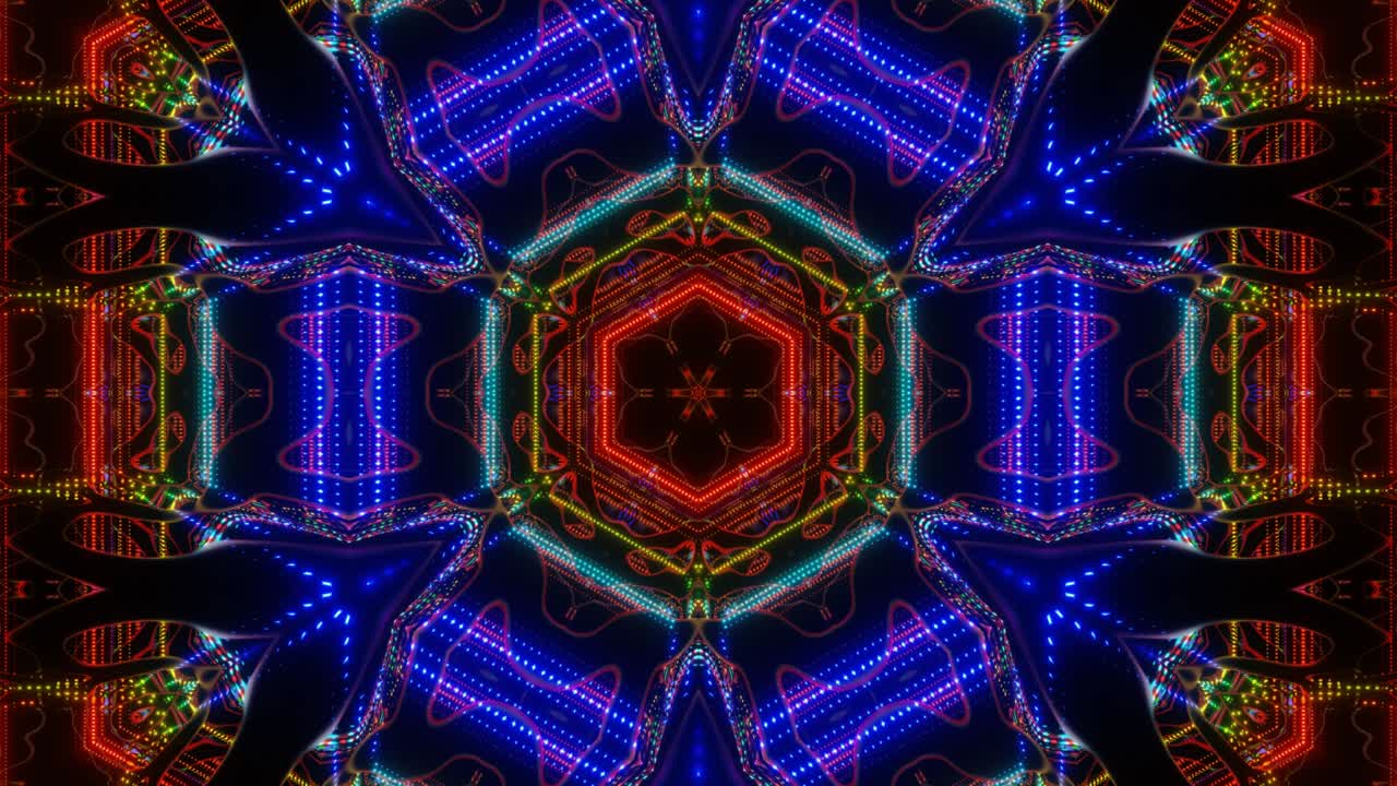 patrón simétrico. caleidoscopio de neón 4k fondo en bucle sin costuras con líneas de neón brillantes y reflejo en el espejo. estructura de estrella o flor de simetría. fondo abstracto festivo brillante