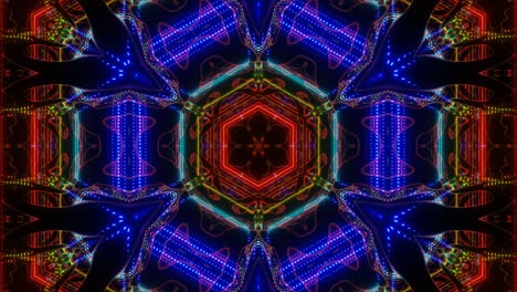 patrón simétrico. caleidoscopio de neón 4k fondo en bucle sin costuras con líneas de neón brillantes y reflejo en el espejo. estructura de estrella o flor de simetría. fondo abstracto festivo brillante