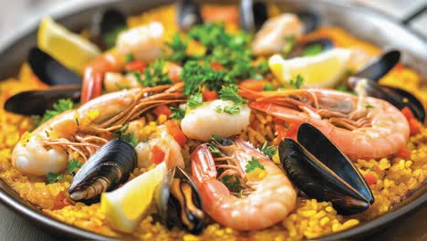 saffron rice adorned with succulent seafood including shrimps, mussels, clams, complemented by parsley and bright lemon wedges, revealing mediterranean paella richness