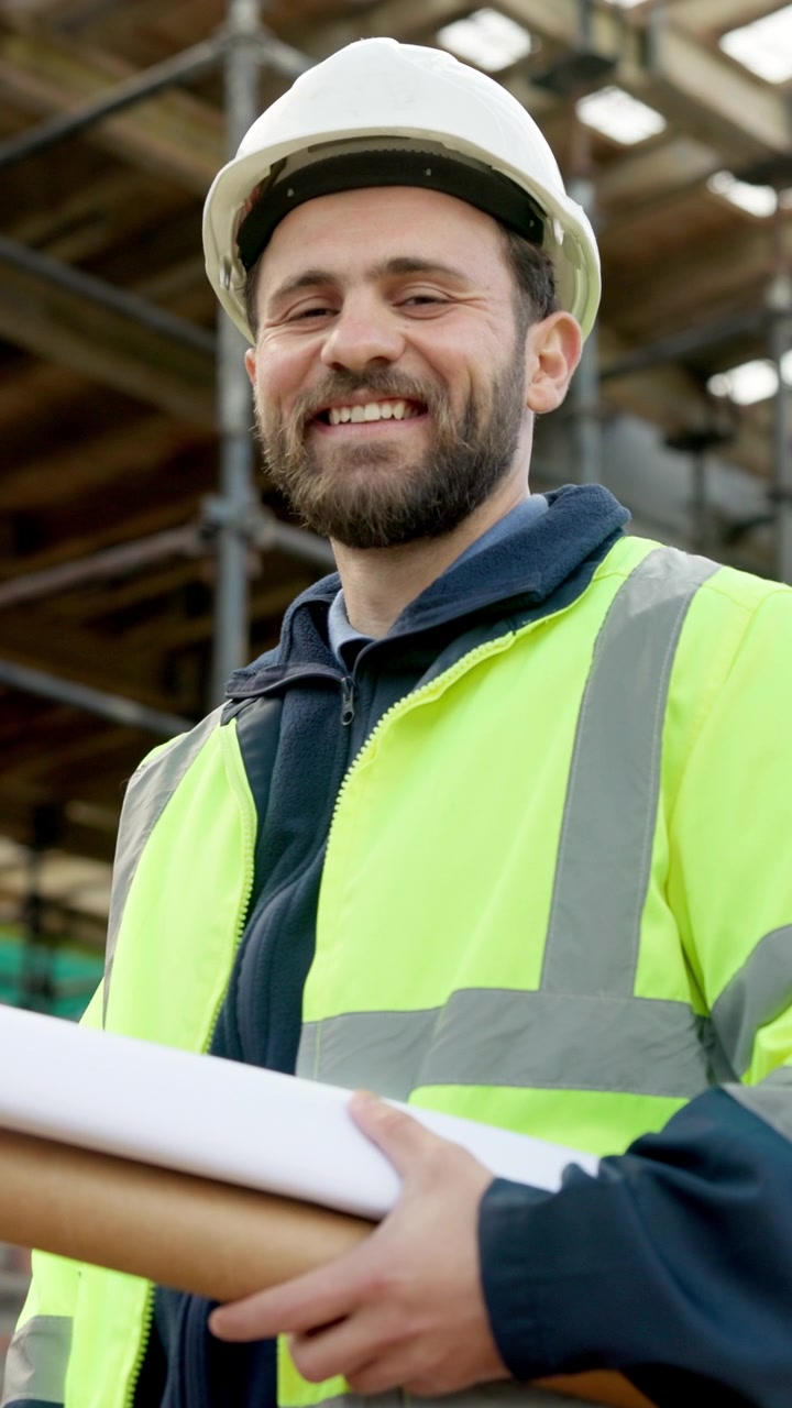 Operaio edile sorridente con progetti in mano in cantiere