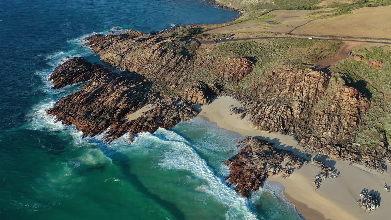 Aerial View, Pristine Injidup Beach and Picturesque Coastline of West Australia on Sunny Day, Tilt Up Drone Shot
