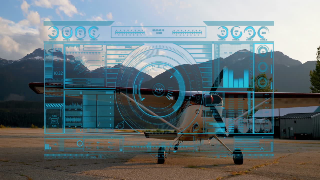 Propeller plane being animated on asphalt apron while showing futuristic HUD overlay in 3D render