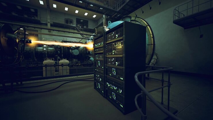 Neonlit equipment with reflections and shadowed cables overhead