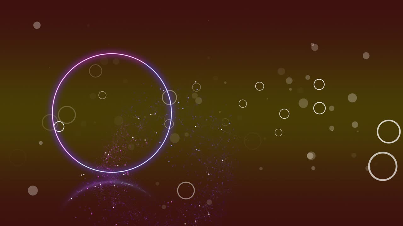 movimiento gráfico de luz de neón theam. iluminando el espectro ultravioleta círculo reflejado a continuación y pequeñas partículas de círculos blancos sobre fondo oscuro.