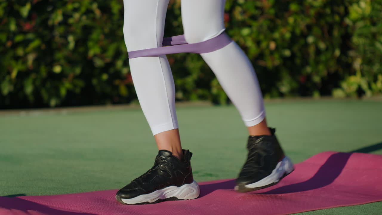 mujer haciendo ejercicios para las piernas con una banda de resistencia