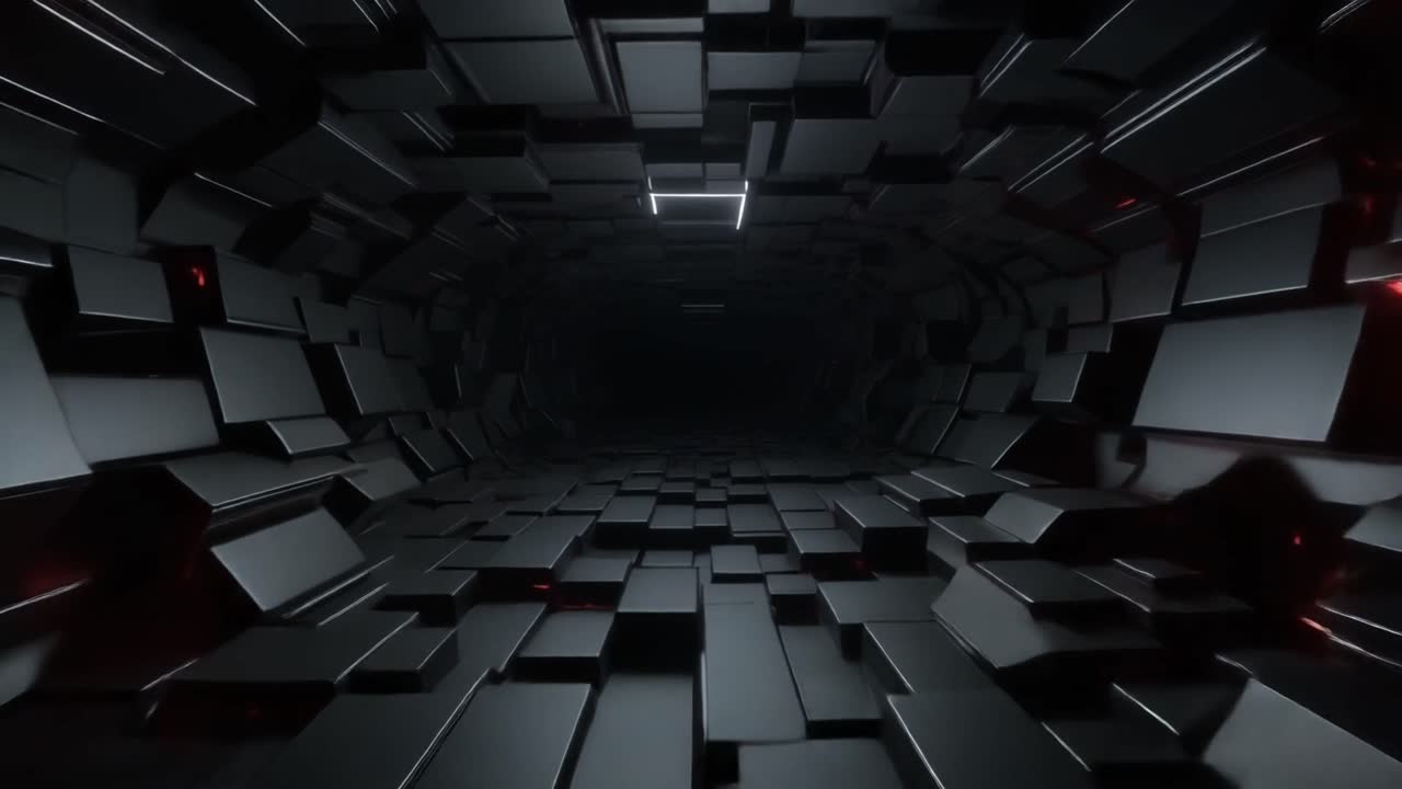 Sømløs løkke af abstrakt mørk tunnel med glødende geometriske blokke
