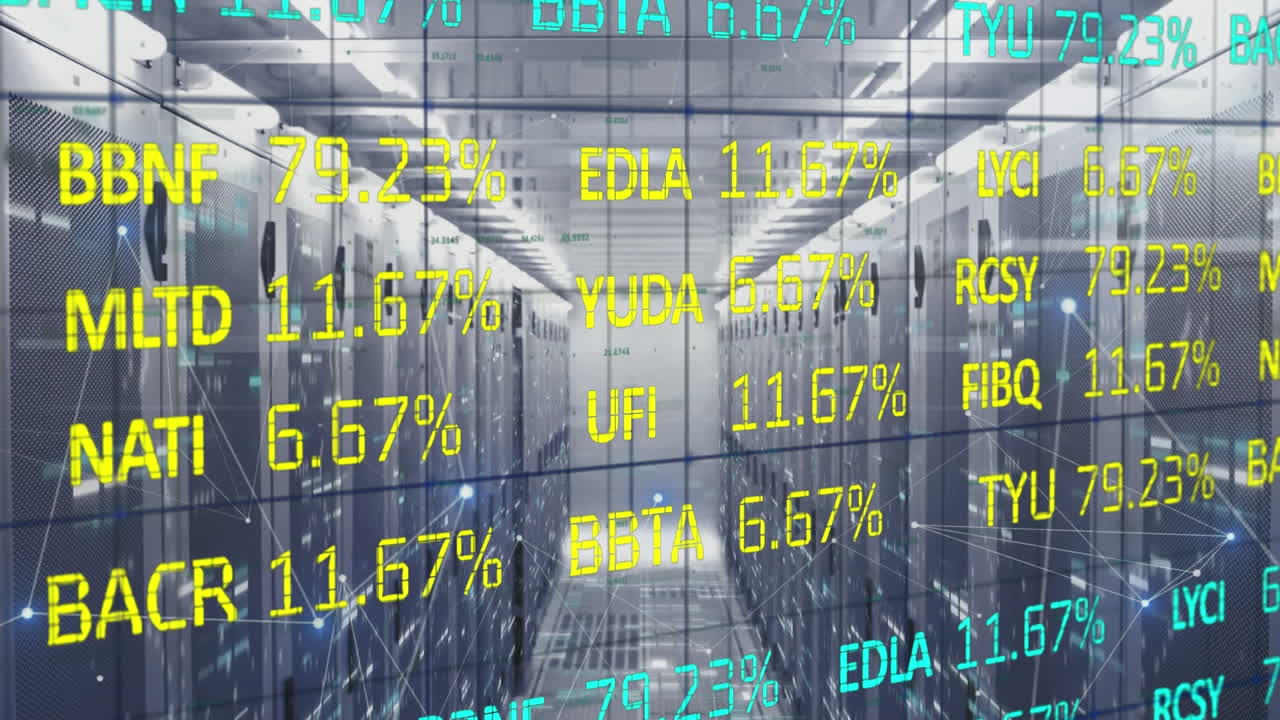 Animazione di un pannello di trading, barre e punti collegati su una sala server sullo sfondo