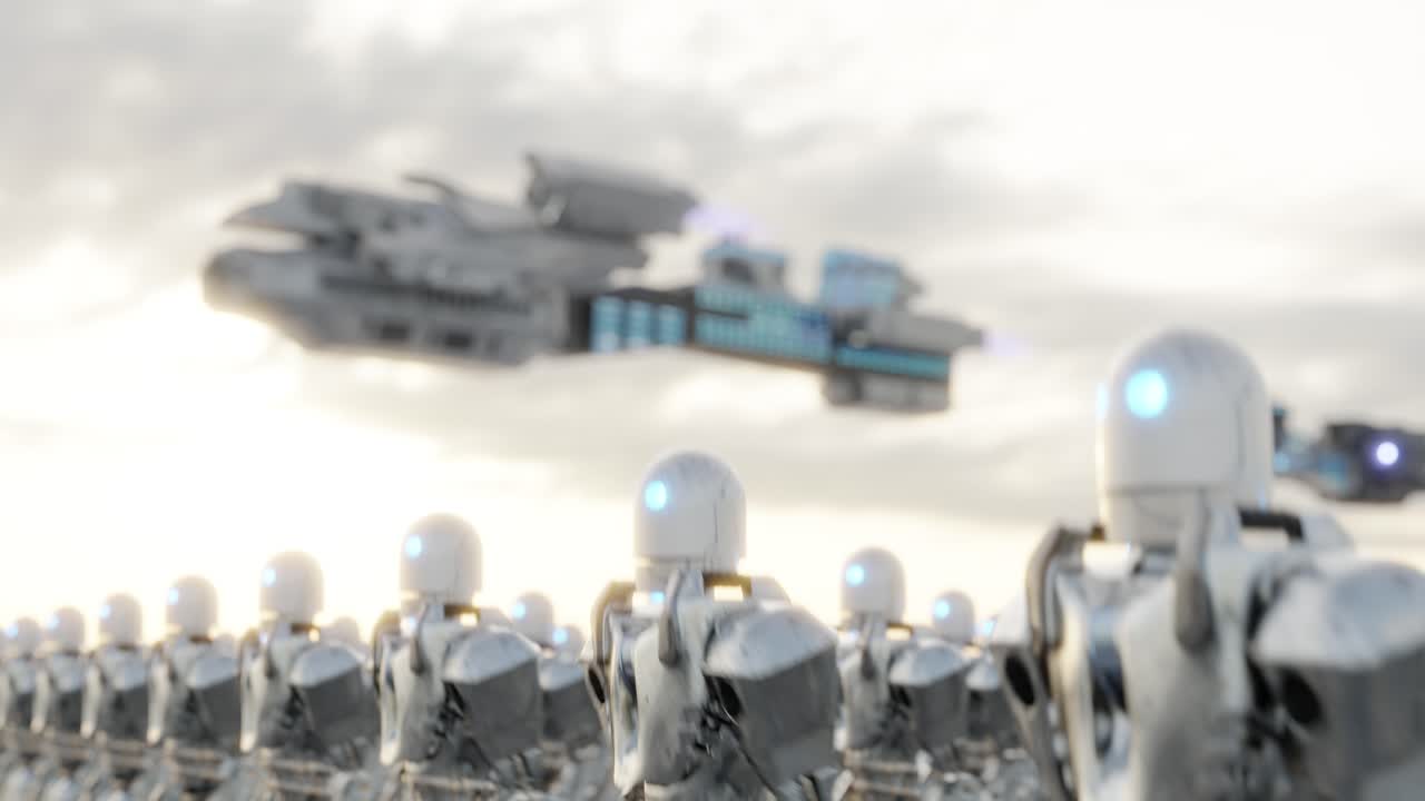 3d animation loop of army of cyborgs walking under sundown sky