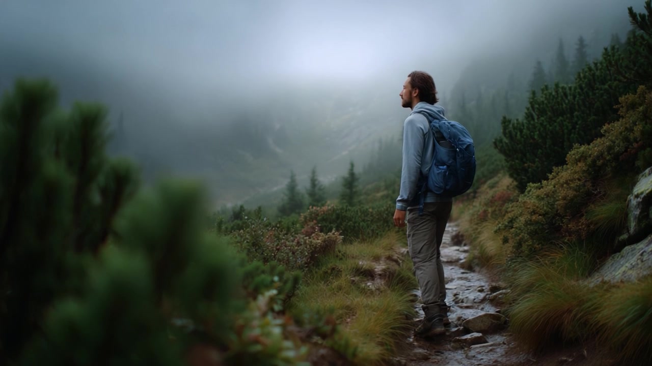 A Solitary Hiker Navigates a Misty Mountain Trail Surrounded by Lush Greenery and Tall Trees, Capturing the Essence of Nature's Serenity and Adventure