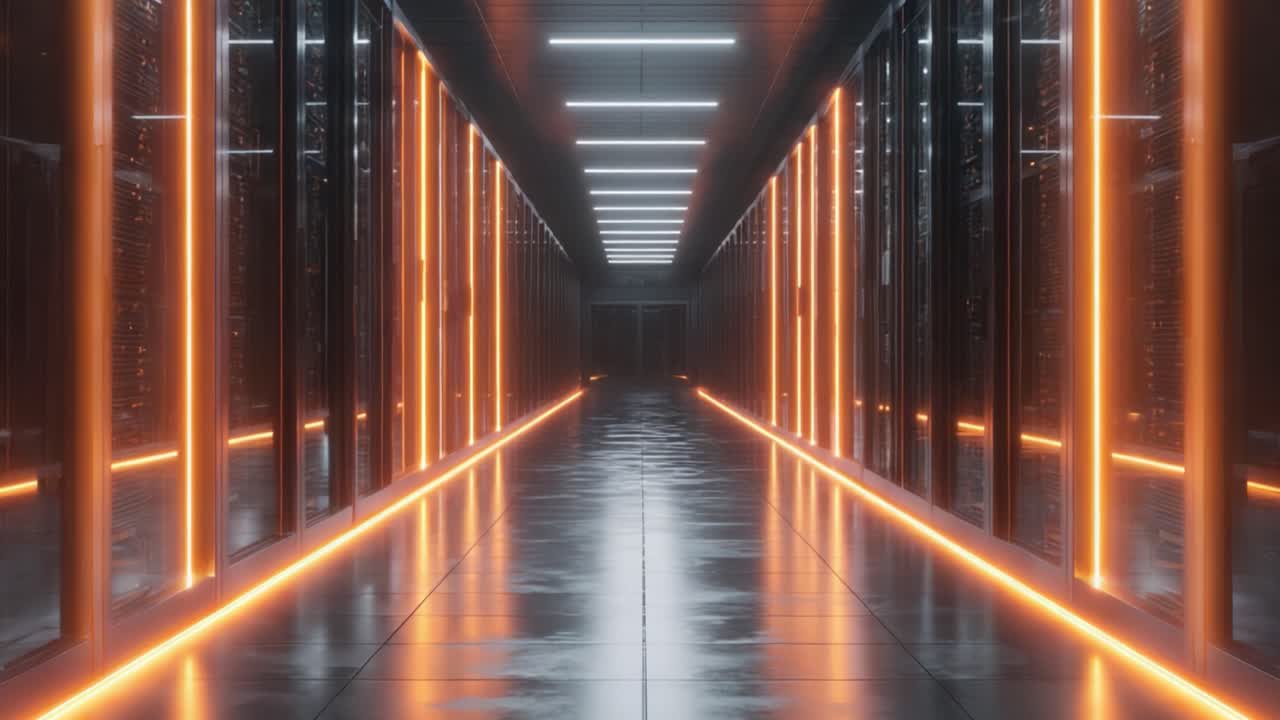 Un corridoio ad alta tecnologia in un moderno data center con luci arancioni brillanti e rack di server aerodinamici, che mostra il futuro della gestione e dell'infrastruttura dei dati.