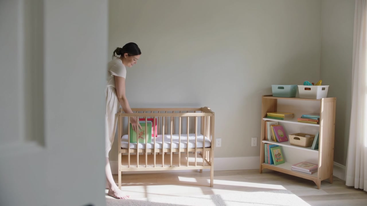 Una porta si apre, facendo entrare una mamma incinta in abito chiaro che posiziona un libro cartonato nella culla nella cameretta del bambino.