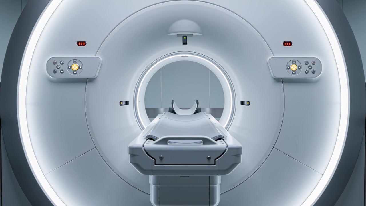 Accensione del gantry della risonanza magnetica, lettino scorrevole verso l'esterno per la preparazione della scansione in clinica, illuminazione dei pannelli di controllo.