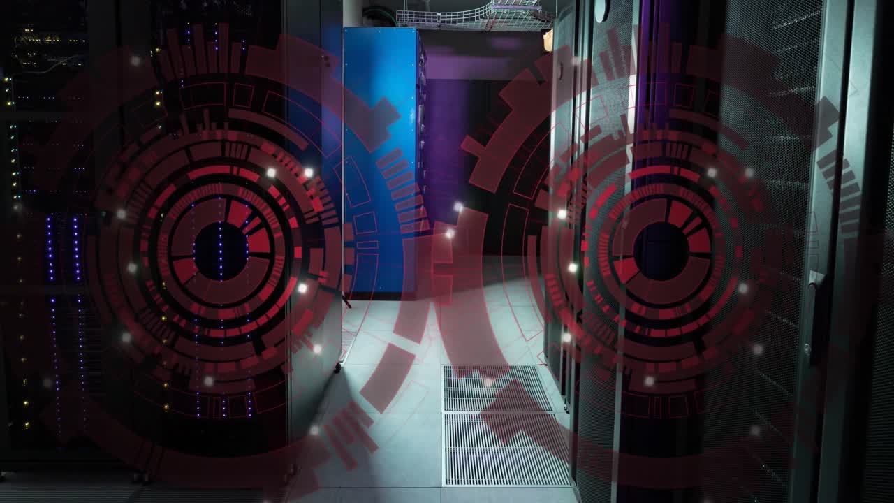 컴퓨터 서버 방에 대해 회전하는 두 개의 둥근 스캐너의 애니메이션