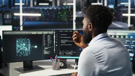 server farm computer scientist interprets ai generated data analytics graphs