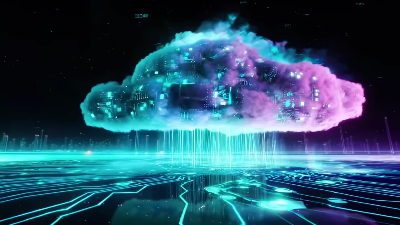 Futuristic video concept of a digital cloud hovering over a circuit board, low angle