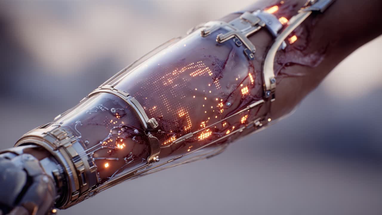 Exploring the Futuristic Design of a Robotic Arm with Intricate Details and Glowing Circuit Elements: A Masterpiece of Cybernetic Technology