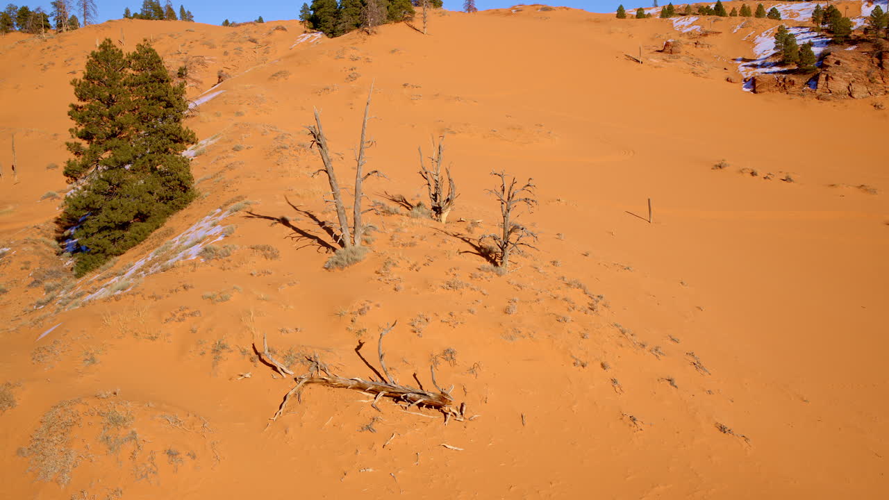 Dramatic drone footage glides over the colorful pink sand dunes and their distinctive landforms.