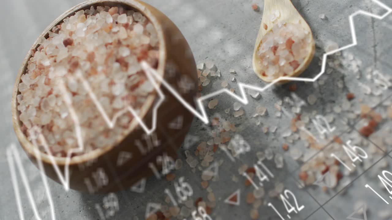 Faint white line chart tracing over salt bowl spawning fluctuating bars, visualizing live prices