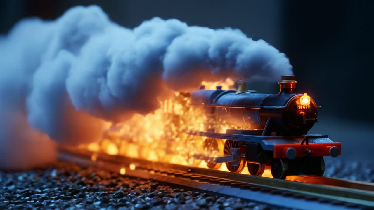 A captivating journey through the night as a miniature steam locomotive chugs along its tracks, enveloped in vibrant billows of smoke and fiery sparks, showcasing intricate craftsmanship