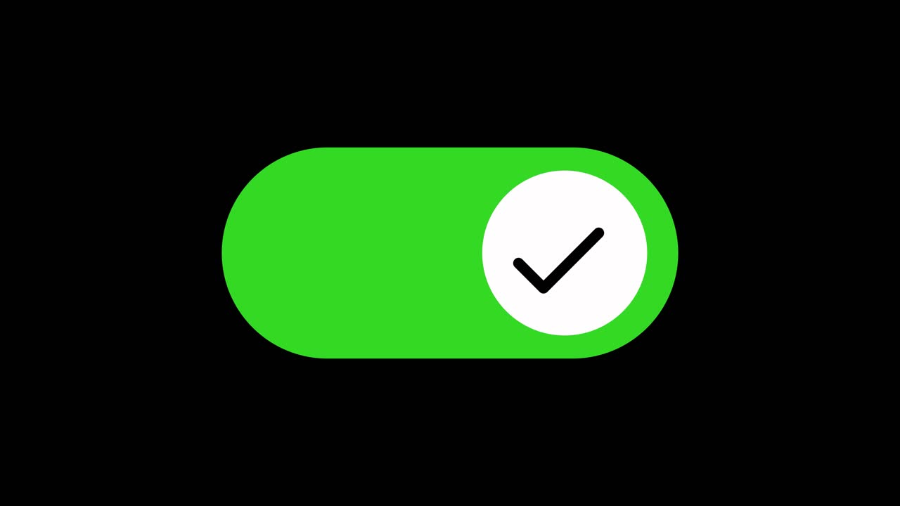 Switch on button with check mark animation isolated on black Background