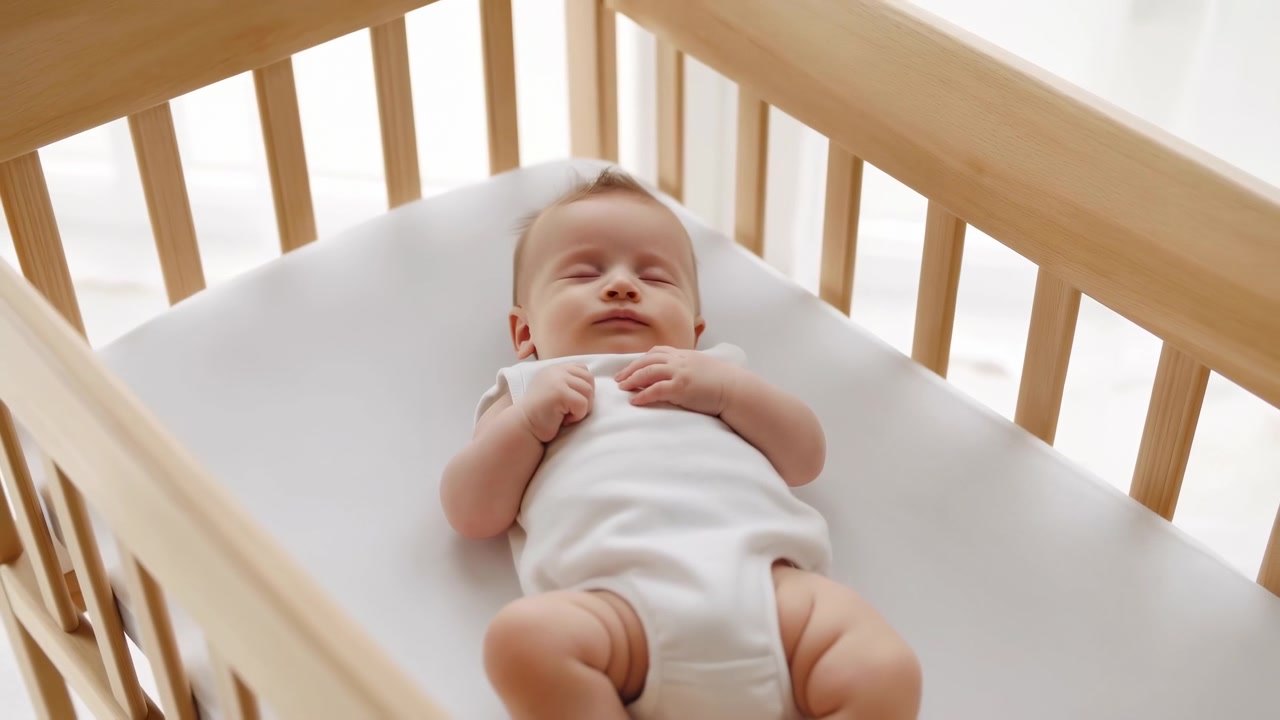 Peaceful baby lies on white bedding within natural wood crib, making small hand and leg movements as warm daylight highlights simple rails and clean neutral surroundings.