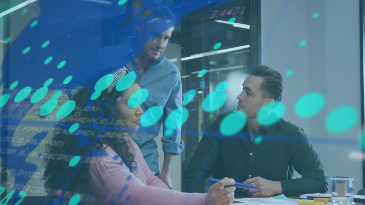 Animation of financial data processing over diverse business people in office