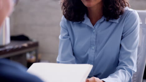 young businesswoman passing documents to client at a meeting