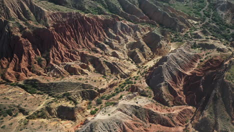 Wide-downward-angle-drone-shot-of-Fairy-Tale-Canyon-near-Issyk-Kul-Lake-in-Karakol,-Kyrgyzstan