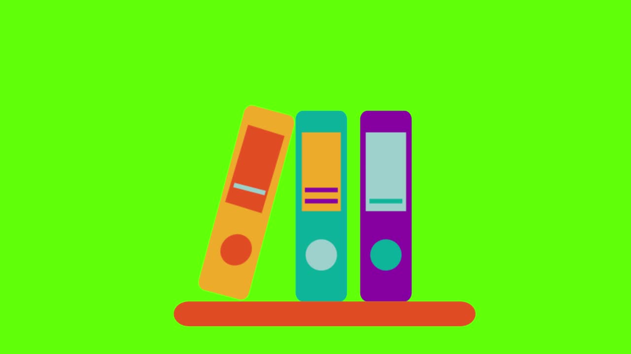animación de archivos de documentos en un estante sobre un fondo de pantalla verde