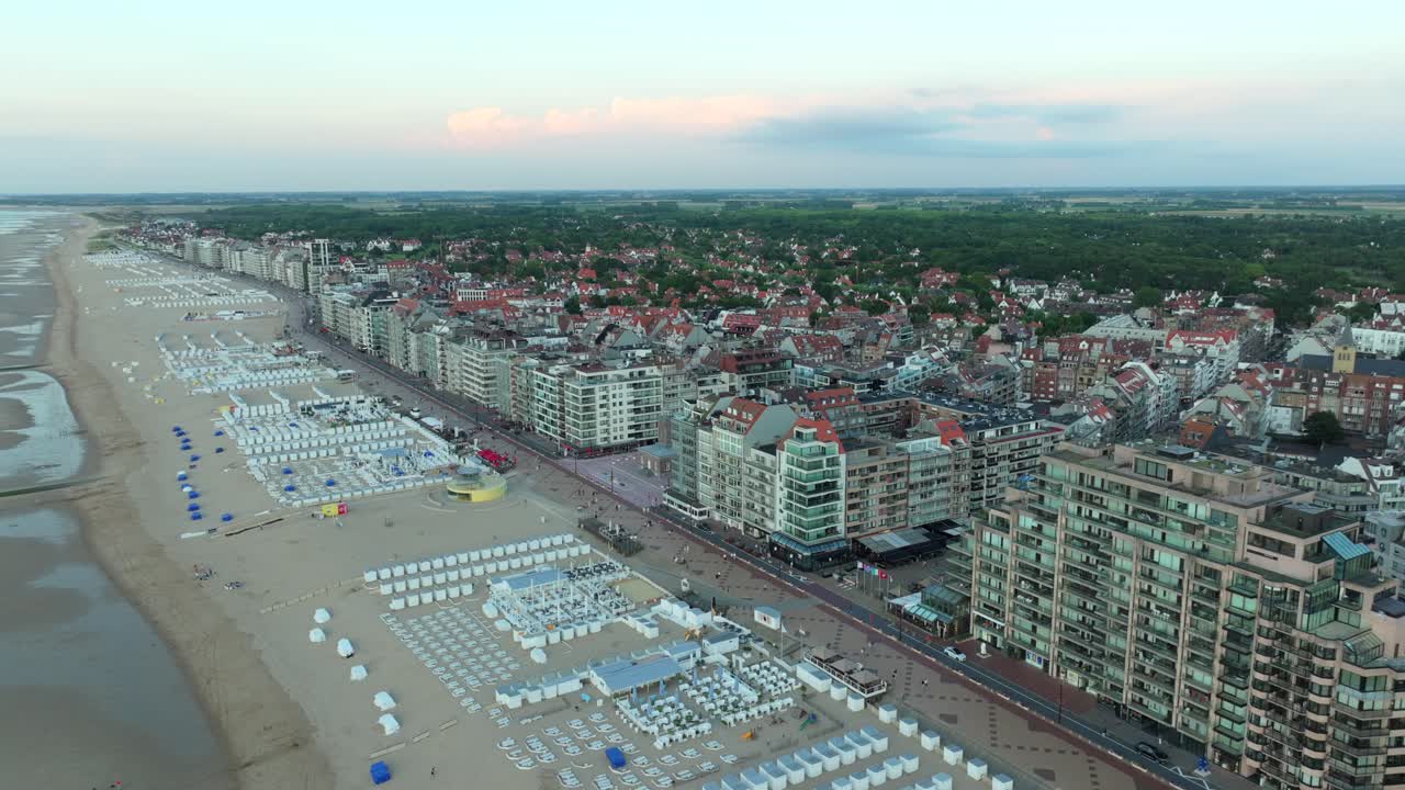Aerial Establishing View of Knokke City and Beach at Belgian Seaside