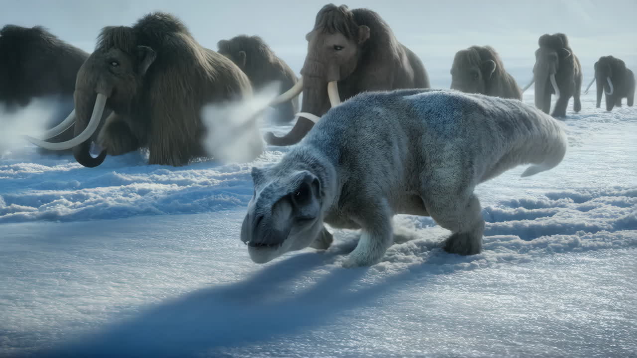 A white T-Rex walks through a snowy landscape with a herd of mammoths in the background